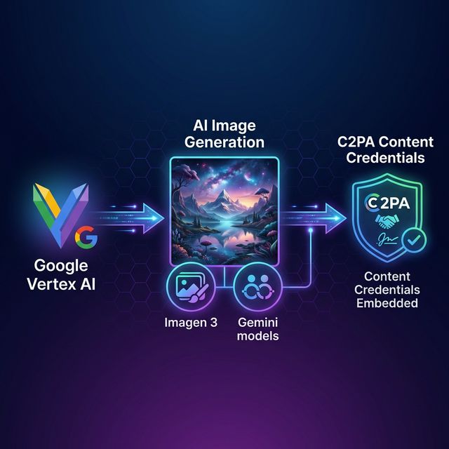 Google C2PA content credential flow: AI model generates, C2PA library embeds, checker verifies