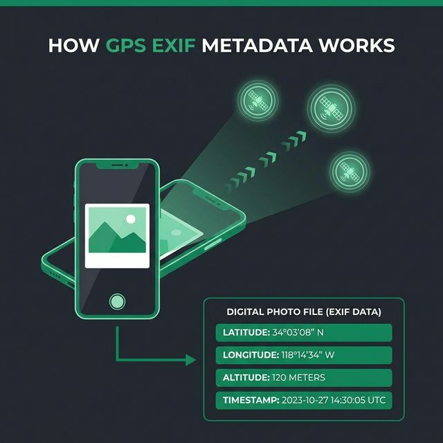 How GPS EXIF metadata is embedded in photos — showing camera, GPS satellite, and metadata tags