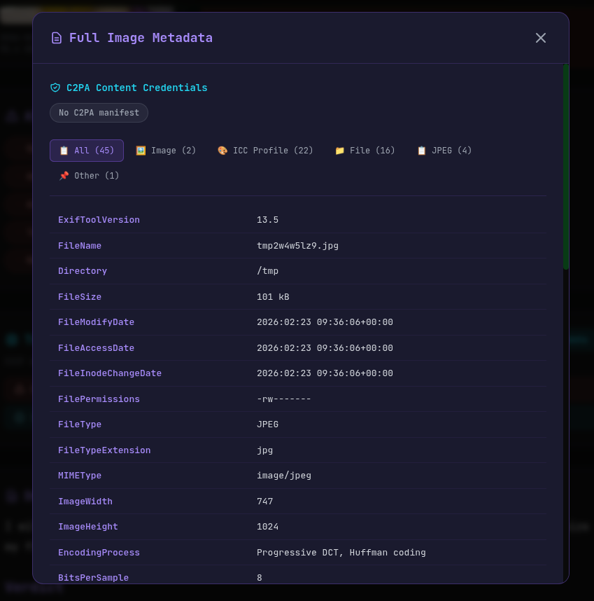 Metadata analysis panel showing full EXIF data extraction and C2PA content credential verification