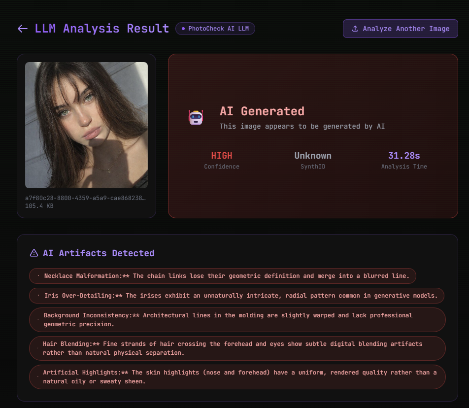 AI Photo Check upload interface — drag and drop any photo to check if it's AI generated