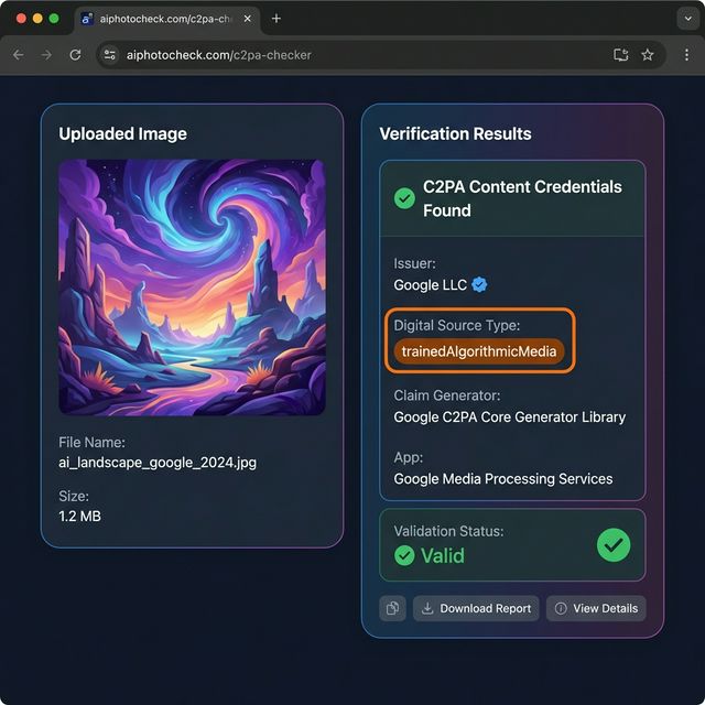 C2PA Checker verifying a Google AI-generated image showing issuer, claim generator, digital source type, and validation status