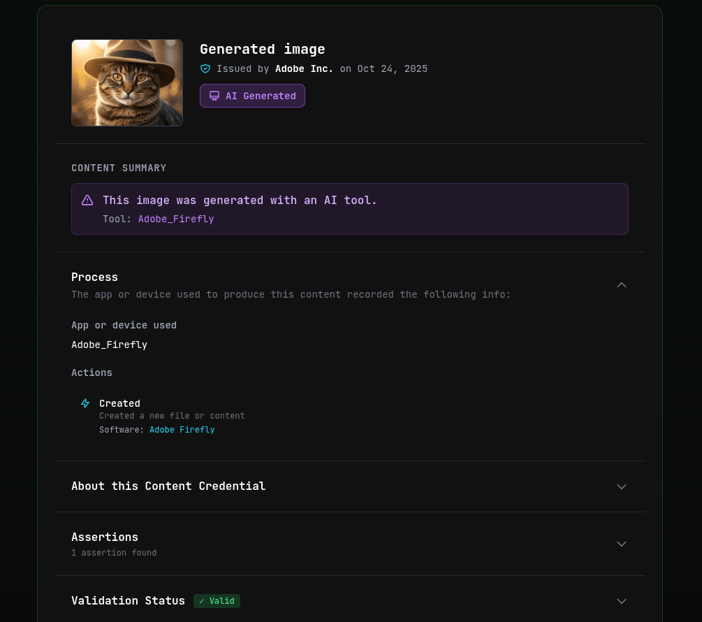 AI Photo Check C2PA Checker tool interface showing full content credential analysis with process details, assertions, and validation status